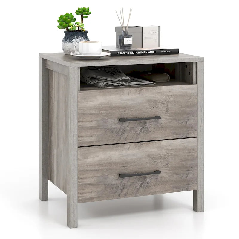 Rustic Grey Woodgrain Nightstand with Two Drawers and Open Shelf