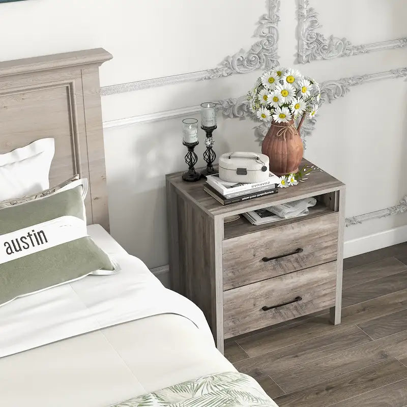 Rustic Grey Woodgrain Nightstand with Two Drawers and Open Shelf
