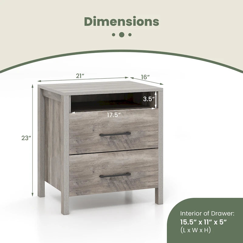 Rustic Grey Woodgrain Nightstand with Two Drawers and Open Shelf