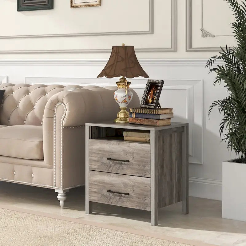 Rustic Grey Woodgrain Nightstand with Two Drawers and Open Shelf