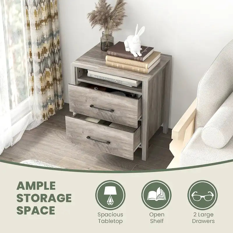 Rustic Grey Woodgrain Nightstand with Two Drawers and Open Shelf