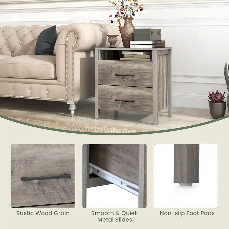 Rustic Grey Woodgrain Nightstand with Two Drawers and Open Shelf