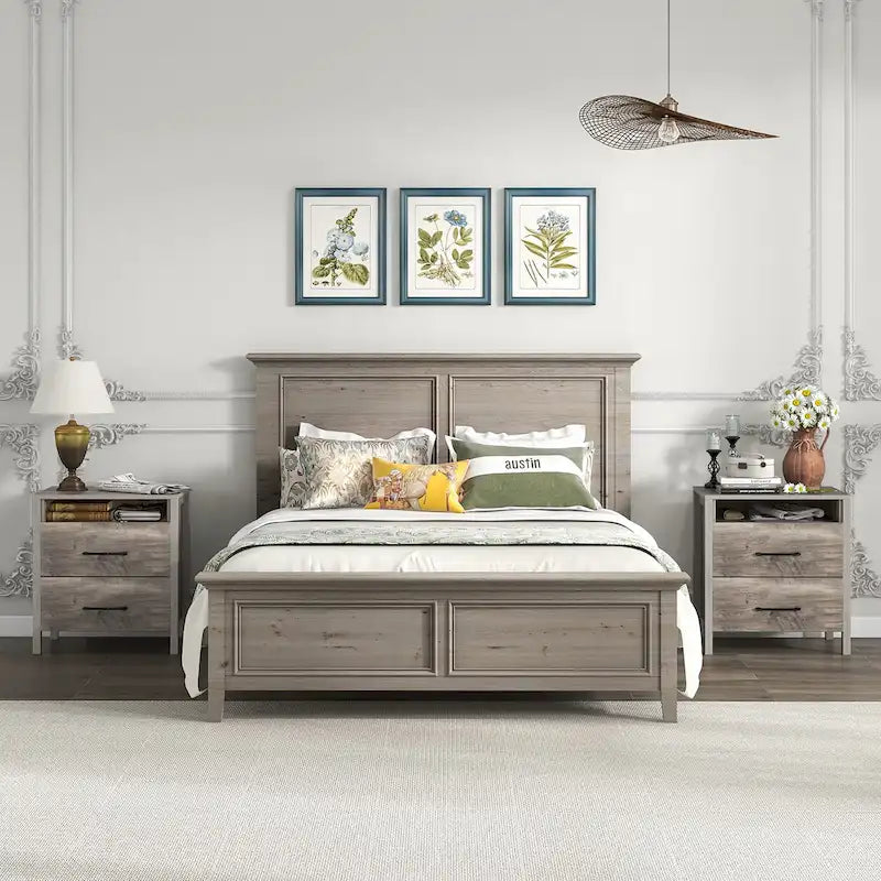 Rustic Grey Woodgrain Nightstand with Two Drawers and Open Shelf