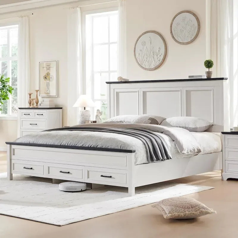 Kingsize-Bettgestell aus Holz im Landhausstil mit Kopfteil, Plattformbettgestell