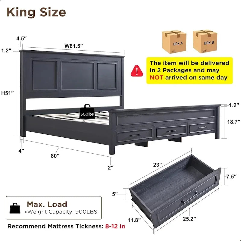 Kingsize-Bettgestell aus Holz im Landhausstil mit Kopfteil, Plattformbettgestell