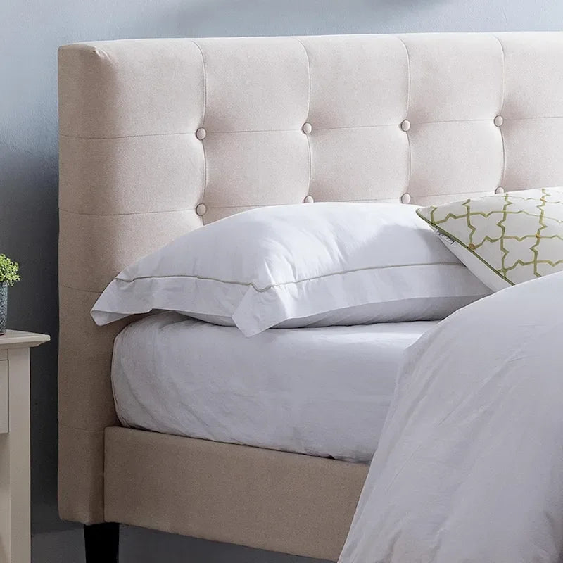 Modern Upholstered Platform Bed with Button Tufted Headboard and Black Legs