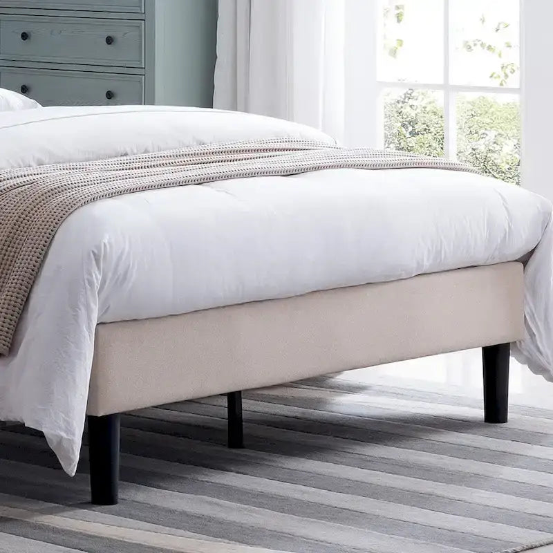 Modern Upholstered Platform Bed with Button Tufted Headboard and Black Legs
