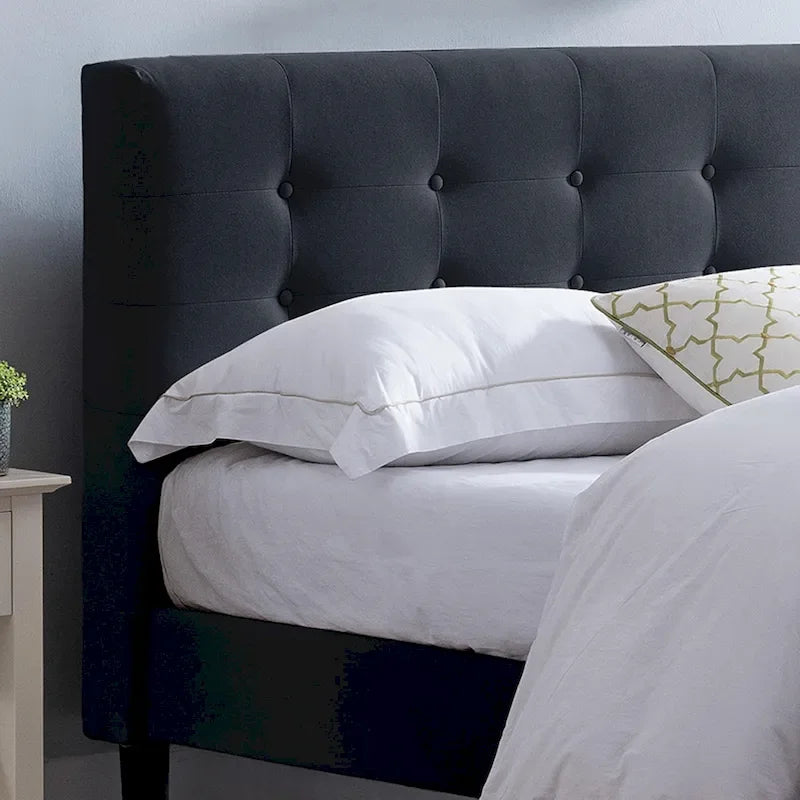 Modern Upholstered Platform Bed with Button Tufted Headboard and Black Legs