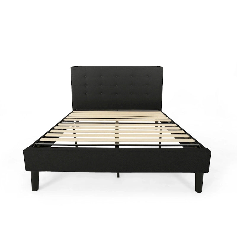 Modern Upholstered Platform Bed with Button Tufted Headboard and Black Legs