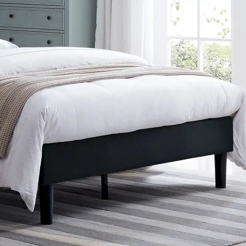 Modern Upholstered Platform Bed with Button Tufted Headboard and Black Legs