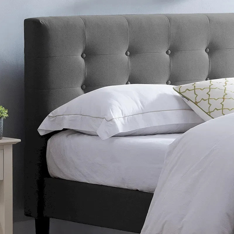 Modern Upholstered Platform Bed with Button Tufted Headboard and Black Legs