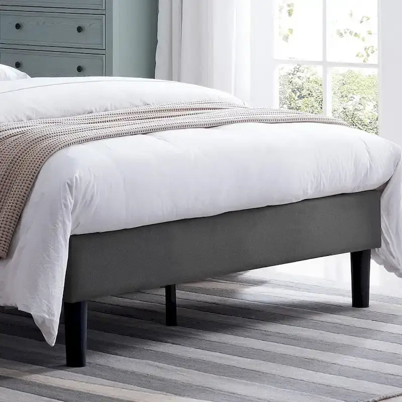 Modern Upholstered Platform Bed with Button Tufted Headboard and Black Legs