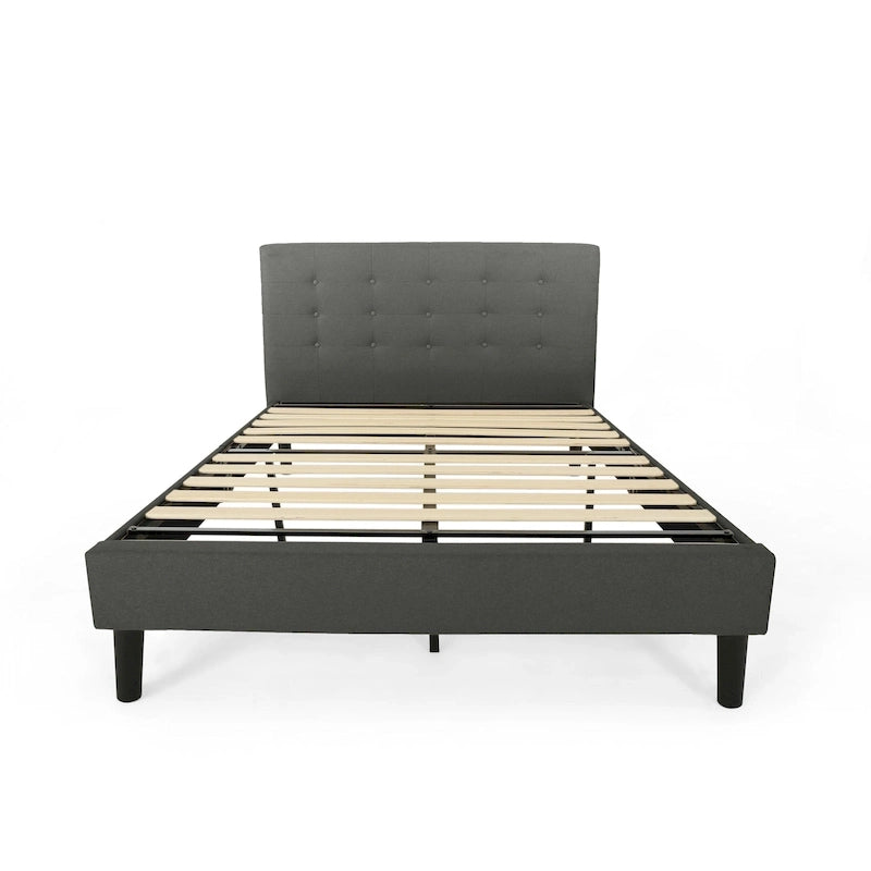 Modern Upholstered Platform Bed with Button Tufted Headboard and Black Legs