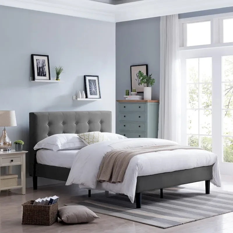 Modern Upholstered Platform Bed with Button Tufted Headboard and Black Legs