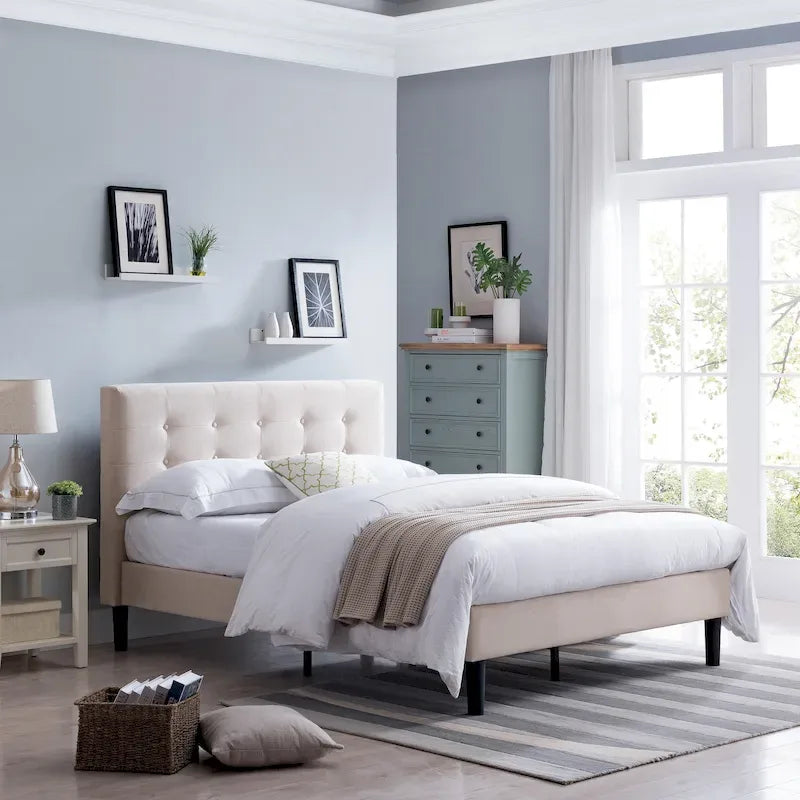 Modern Upholstered Platform Bed with Button Tufted Headboard and Black Legs