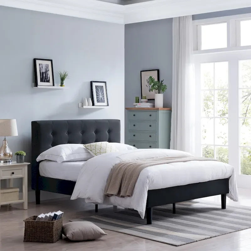 Modern Upholstered Platform Bed with Button Tufted Headboard and Black Legs