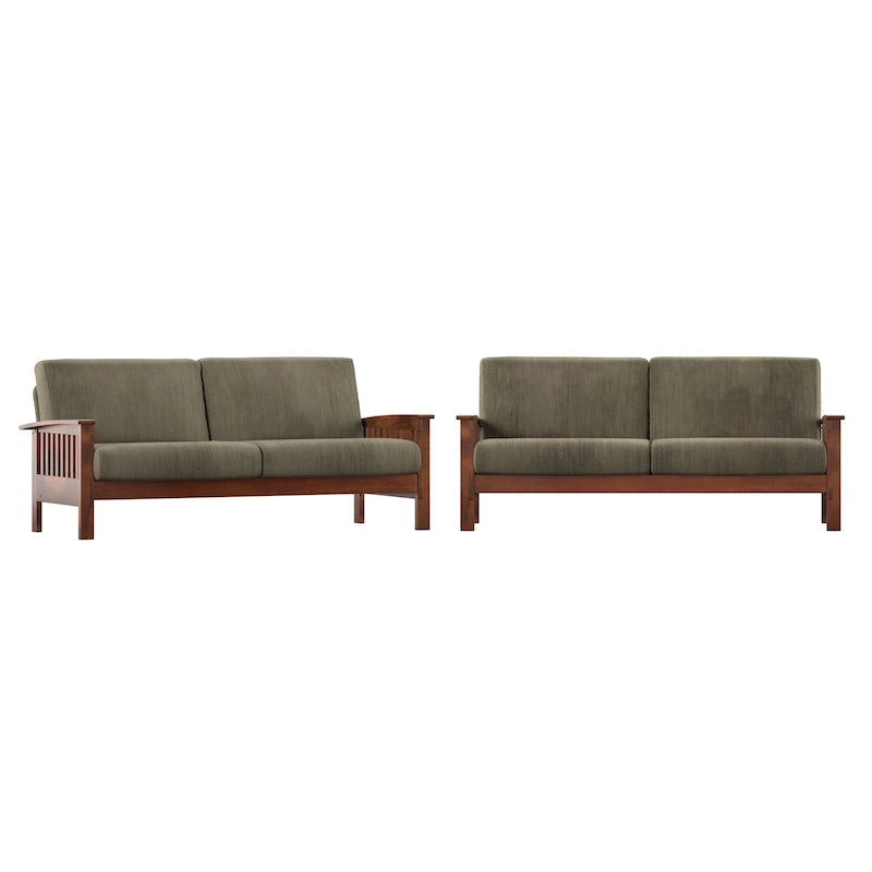 Mission Style Upholstered Wood Sofa with Curved Arms and Cushions