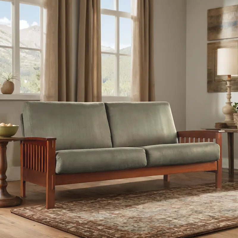 Mission Style Upholstered Wood Sofa with Curved Arms and Cushions