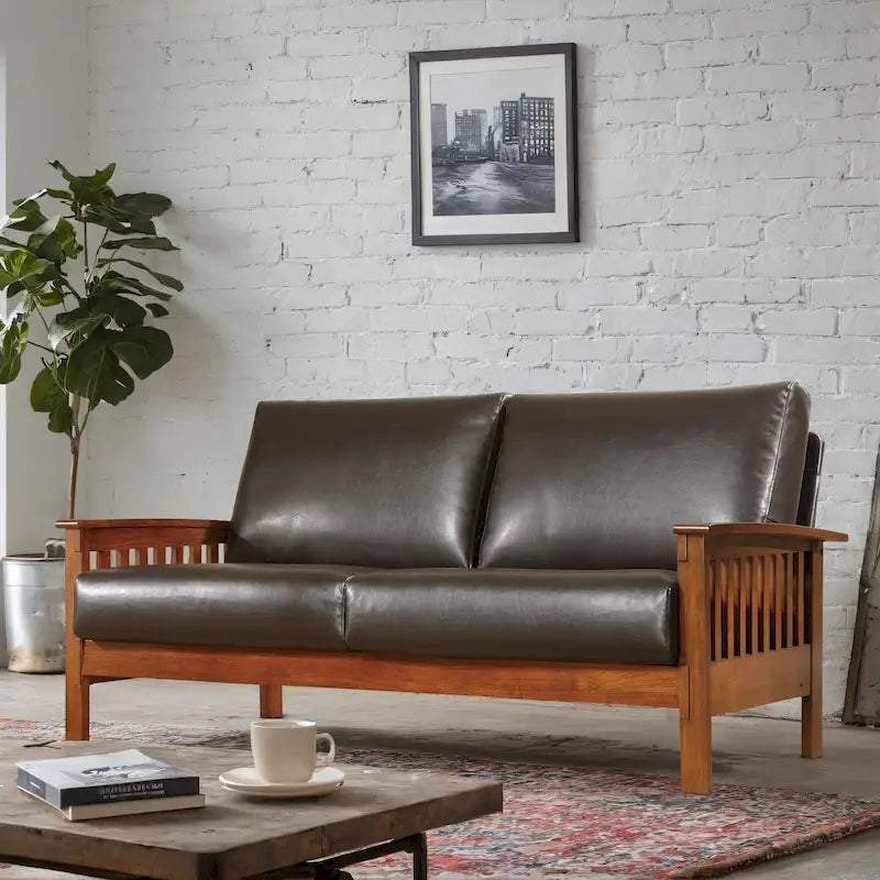 Mission Style Upholstered Wood Sofa with Curved Arms and Cushions