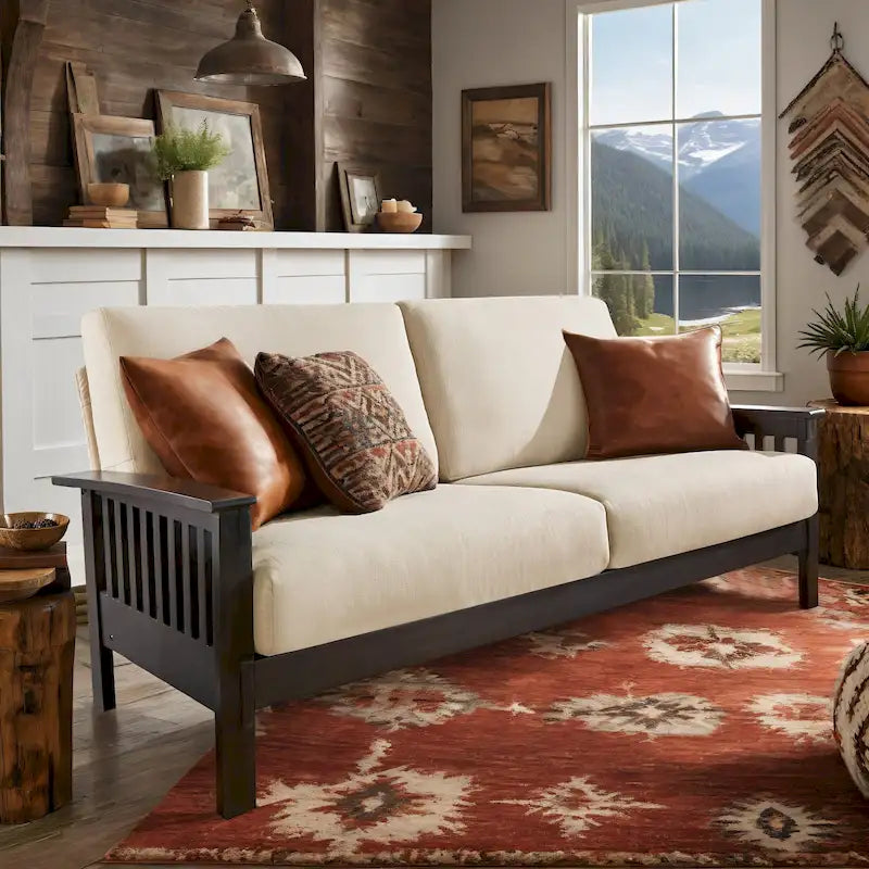 Mission Style Upholstered Wood Sofa with Curved Arms and Cushions