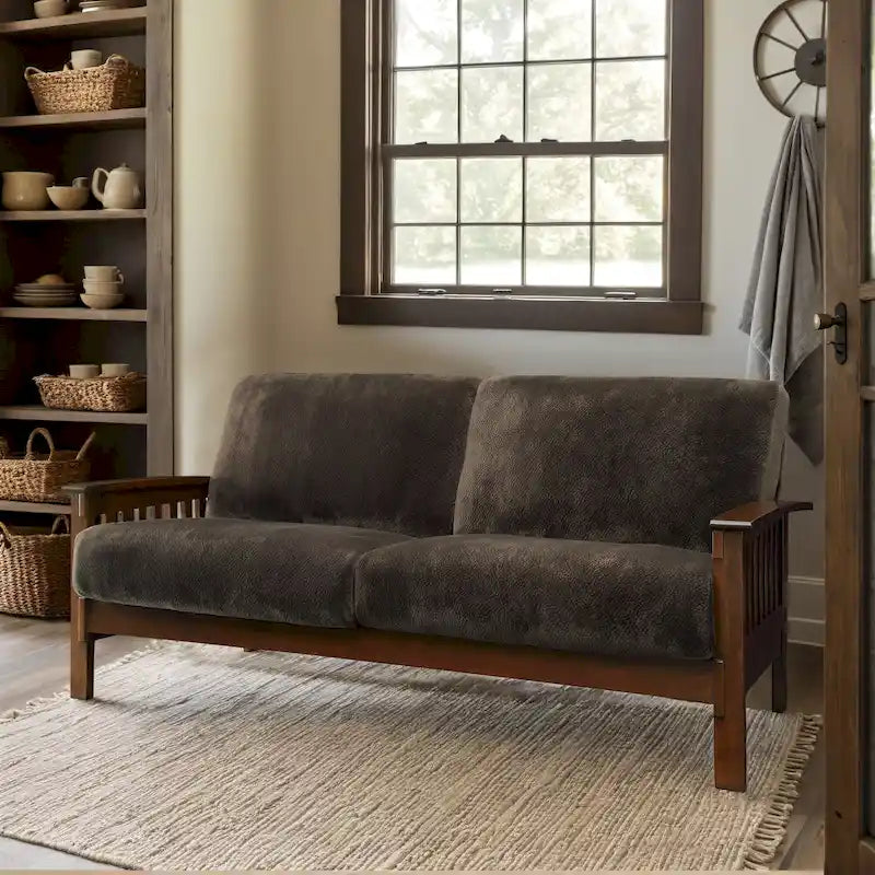 Mission Style Upholstered Wood Sofa with Curved Arms and Cushions