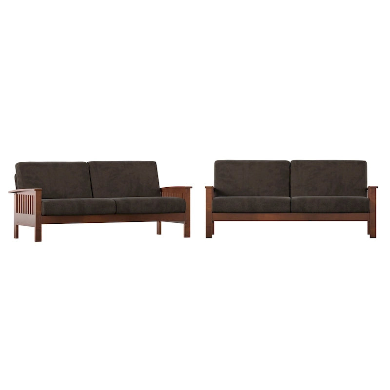 Mission Style Upholstered Wood Sofa with Curved Arms and Cushions
