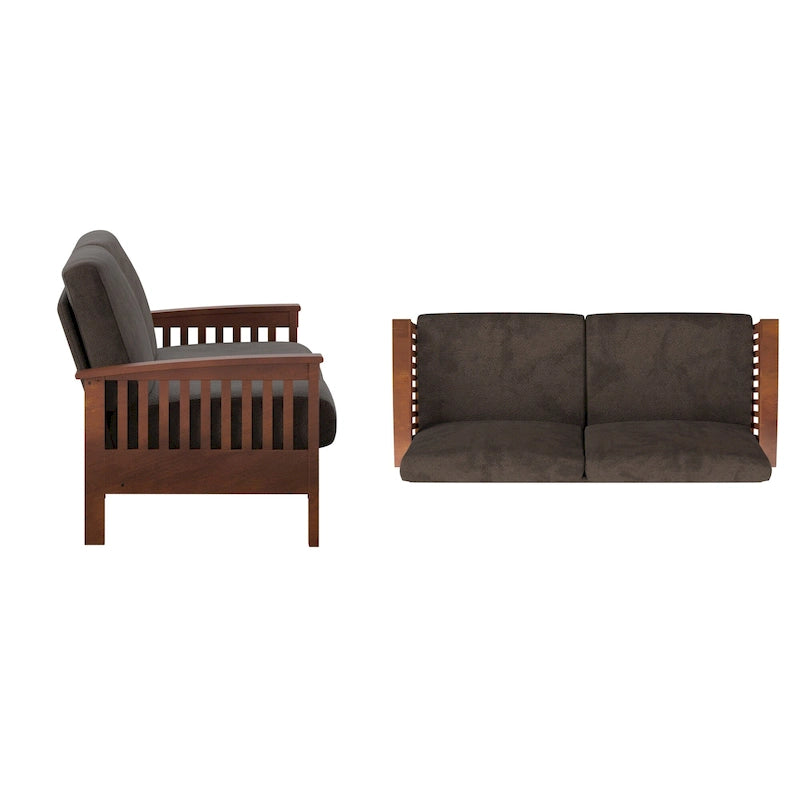 Mission Style Upholstered Wood Sofa with Curved Arms and Cushions