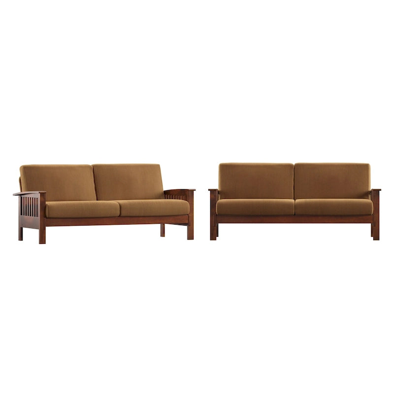 Mission Style Upholstered Wood Sofa with Curved Arms and Cushions