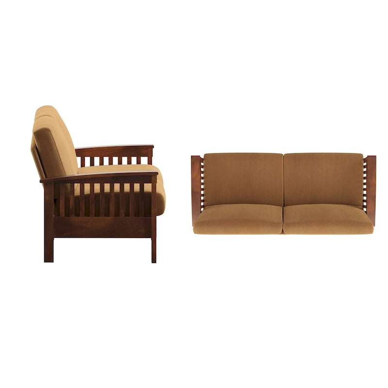 Mission Style Upholstered Wood Sofa with Curved Arms and Cushions