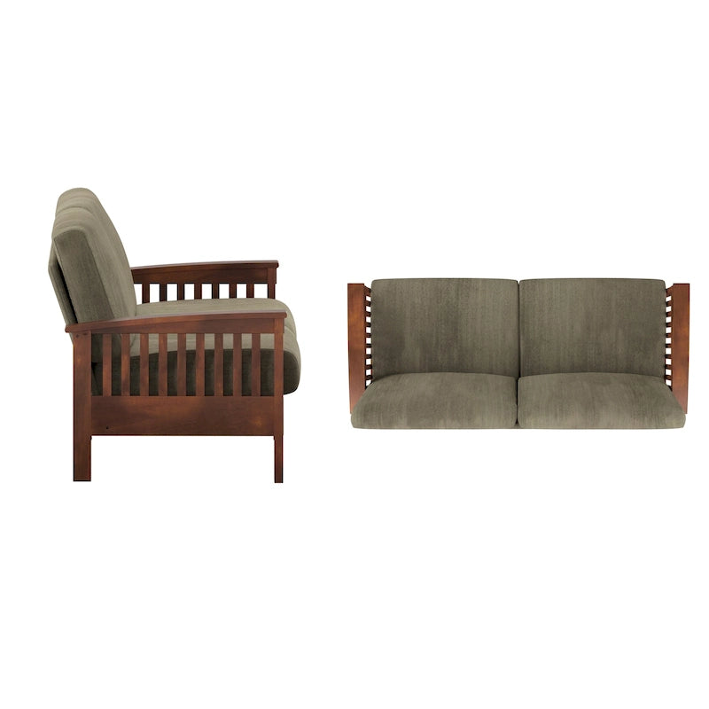 Mission Style Upholstered Wood Sofa with Curved Arms and Cushions