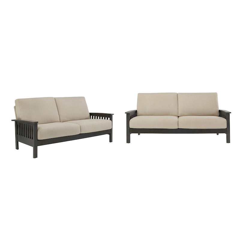 Mission Style Upholstered Wood Sofa with Curved Arms and Cushions