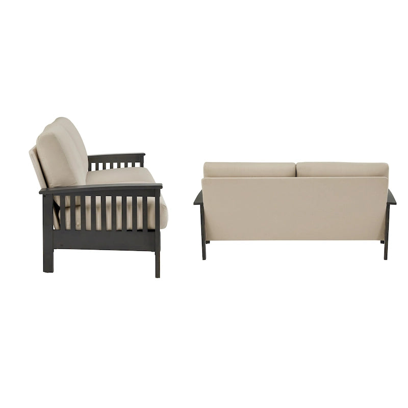 Mission Style Upholstered Wood Sofa with Curved Arms and Cushions