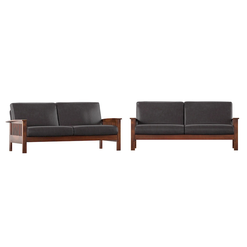 Mission Style Upholstered Wood Sofa with Curved Arms and Cushions