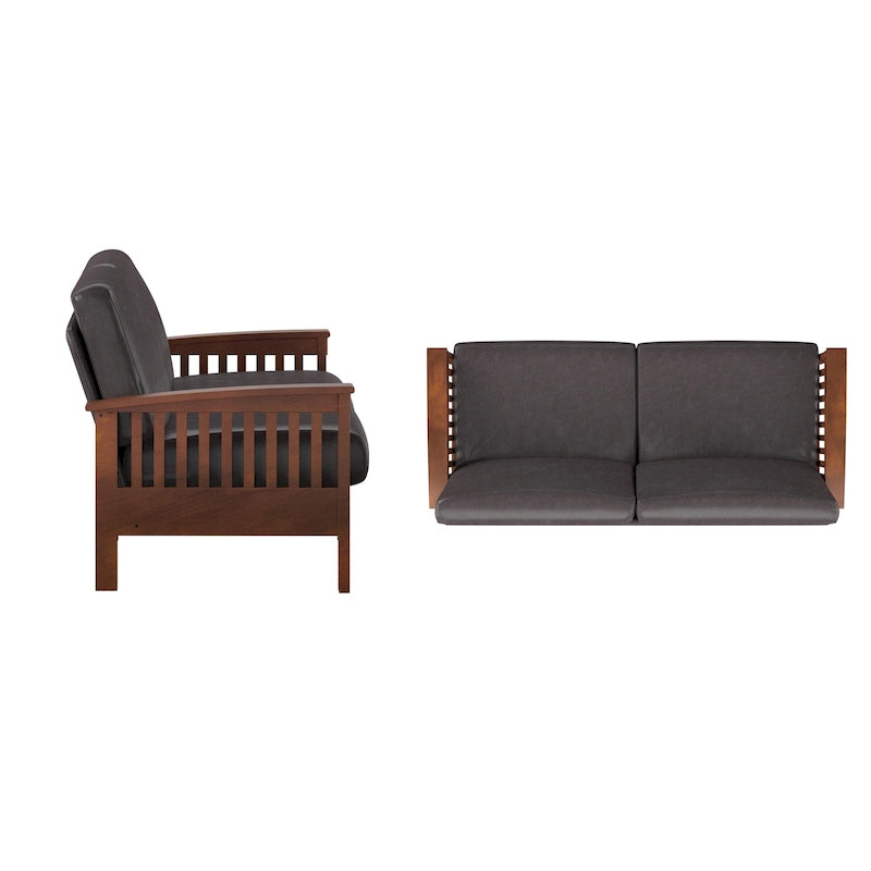 Mission Style Upholstered Wood Sofa with Curved Arms and Cushions