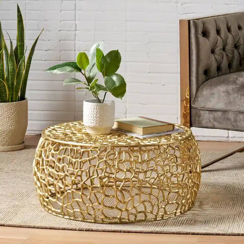 Modern Gold Aluminum Coffee Table with Sculptural Open Mesh Design