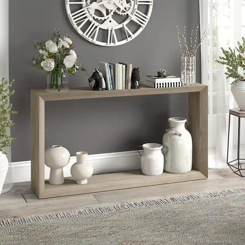 Modern Rectangular Wood Look Console Table with Open Display Shelf
