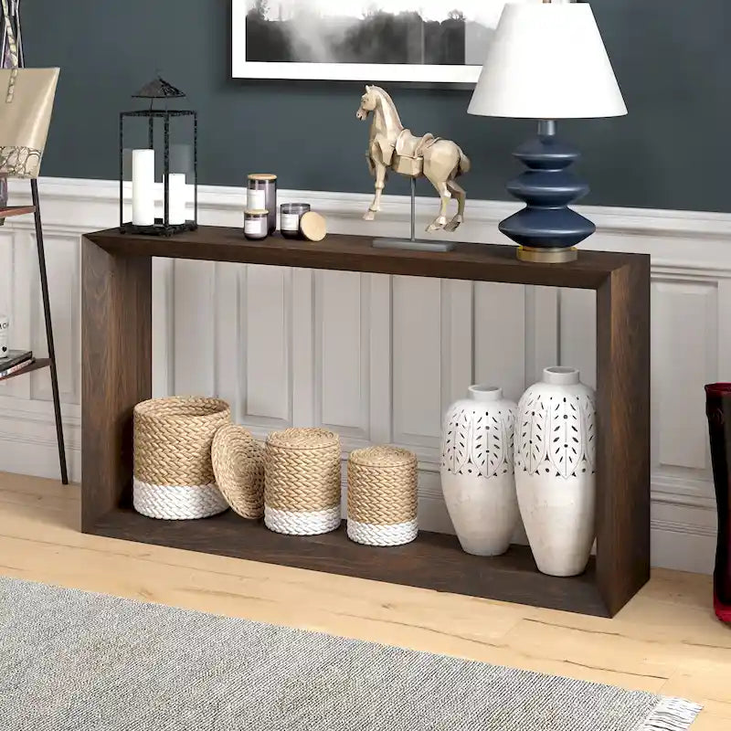 Modern Rectangular Wood Look Console Table with Open Display Shelf