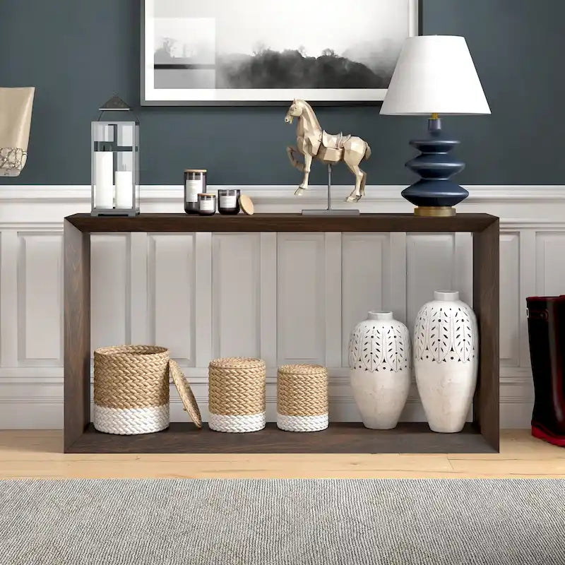 Modern Rectangular Wood Look Console Table with Open Display Shelf