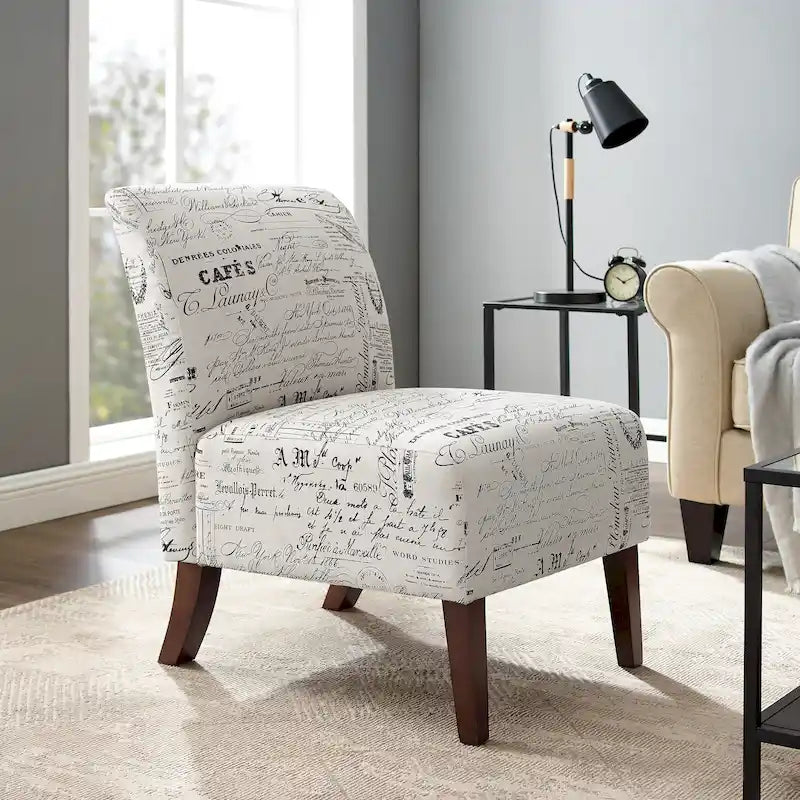 Cream Script Print Armless Accent Chair with Dark Walnut Legs