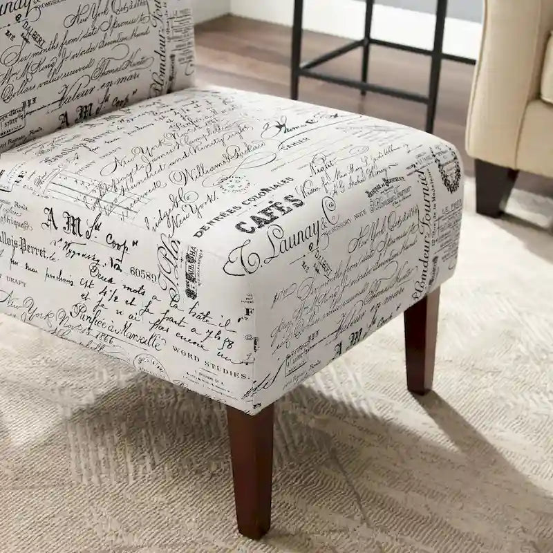 Cream Script Print Armless Accent Chair with Dark Walnut Legs