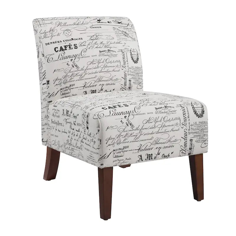 Cream Script Print Armless Accent Chair with Dark Walnut Legs