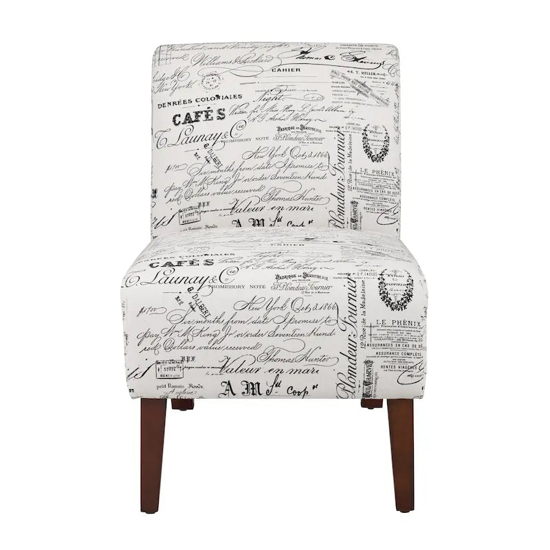 Cream Script Print Armless Accent Chair with Dark Walnut Legs