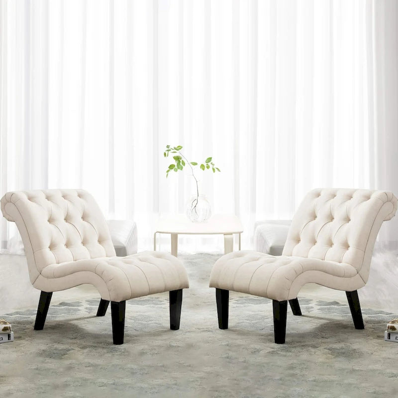 Ivory Button Tufted Armless Accent Chair with Dark Wood Legs