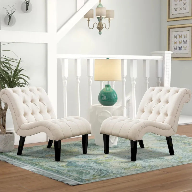 Ivory Button Tufted Armless Accent Chair with Dark Wood Legs
