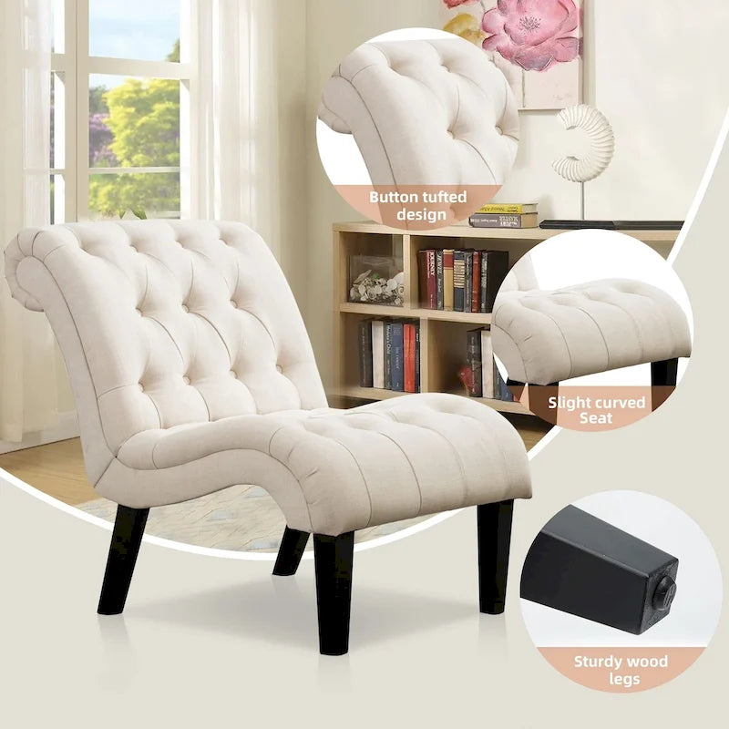 Ivory Button Tufted Armless Accent Chair with Dark Wood Legs