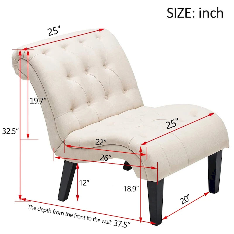 Ivory Button Tufted Armless Accent Chair with Dark Wood Legs