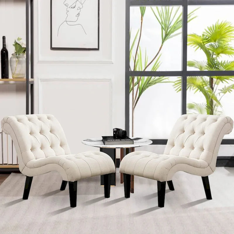 Ivory Button Tufted Armless Accent Chair with Dark Wood Legs