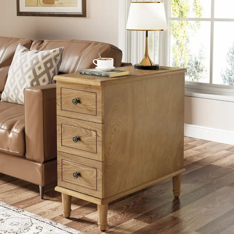 Rustic Brown Solid Wood Narrow Side Table with Three Drawers