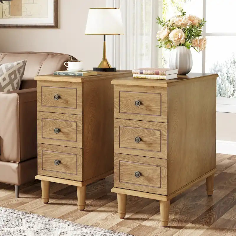 Rustic Brown Solid Wood Narrow Side Table with Three Drawers