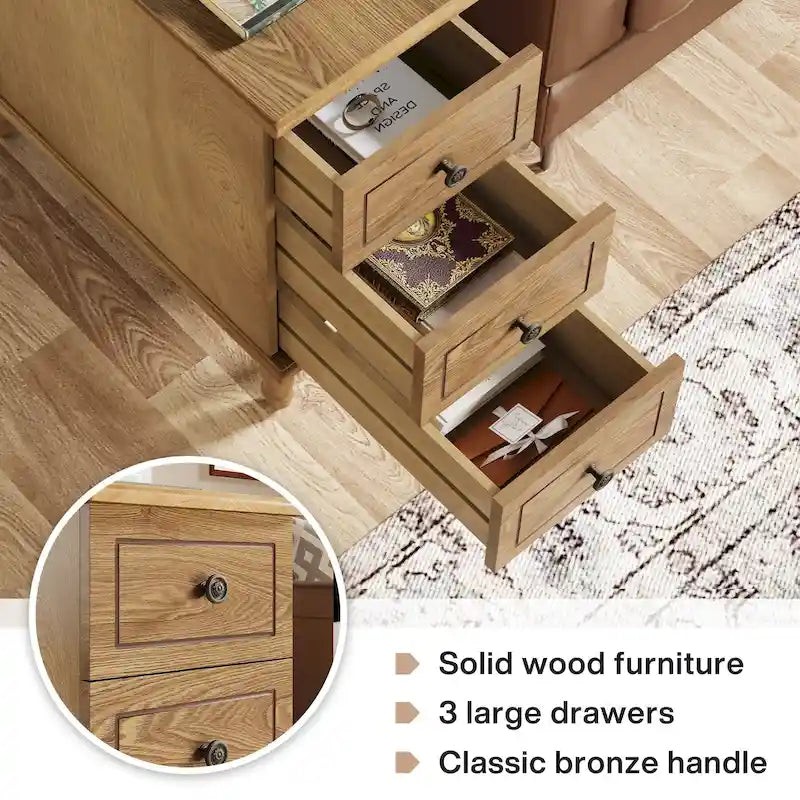 Rustic Brown Solid Wood Narrow Side Table with Three Drawers